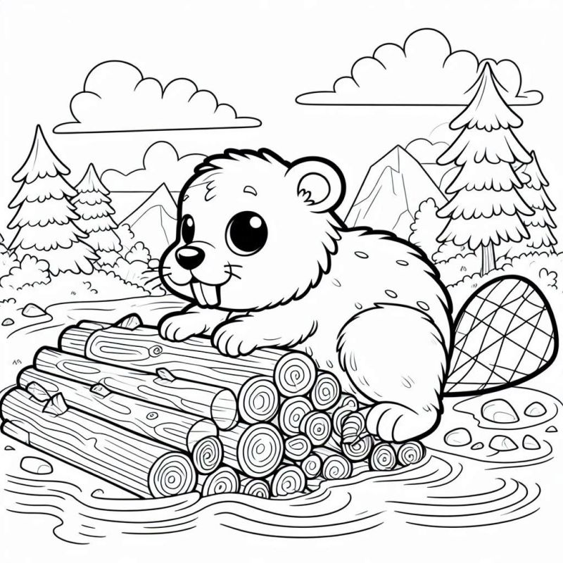 Desenho de Castor Fofinho em Bosque Natural para Colorir