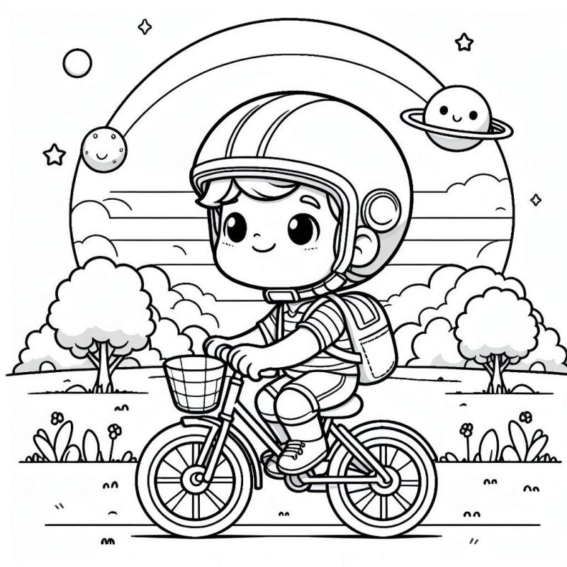 Desenho para colorir de uma criança andando de bicicleta com um arco-íris ao fundo