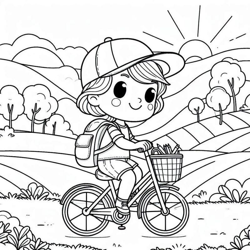 Desenho para Colorir de Criança Andando de Bicicleta