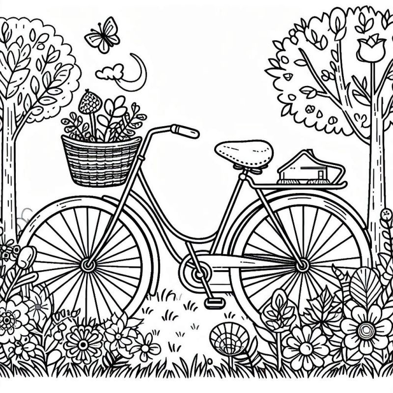 Desenho de Bicicleta em Jardim para Colorir