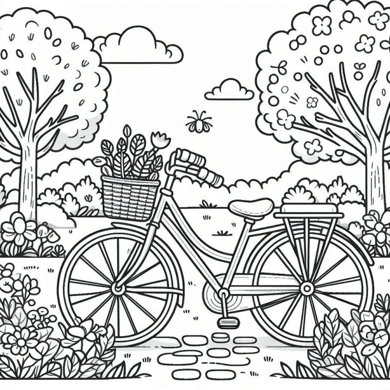 Desenho de bicicleta com flores no jardim para colorir