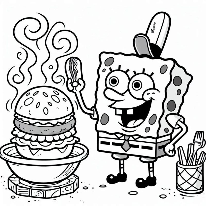 Desenho de Bob Esponja segurando um hambúrguer para colorir