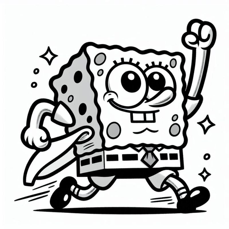 Desenho do Bob Esponja em pose heróica, perfeito para imprimir e colorir.