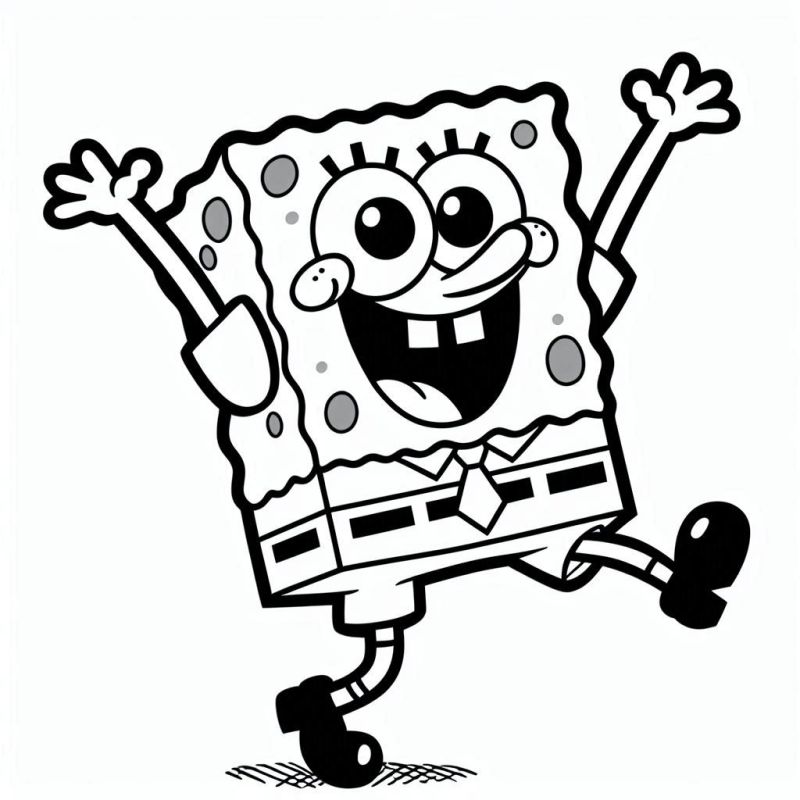 Desenho em preto e branco do Bob Esponja em salto alegre, pronto para colorir.