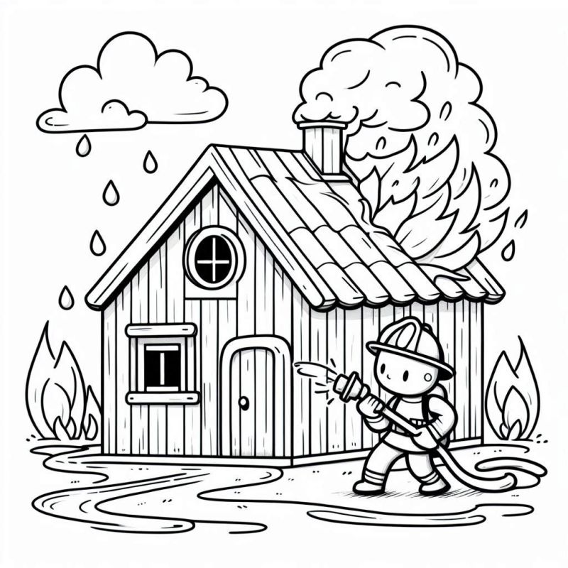 Desenho de bombeiro apagando incêndio na casa para colorir