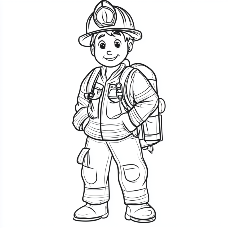 Desenho para colorir de jovem bombeiro sorridente com equipamento de respiração