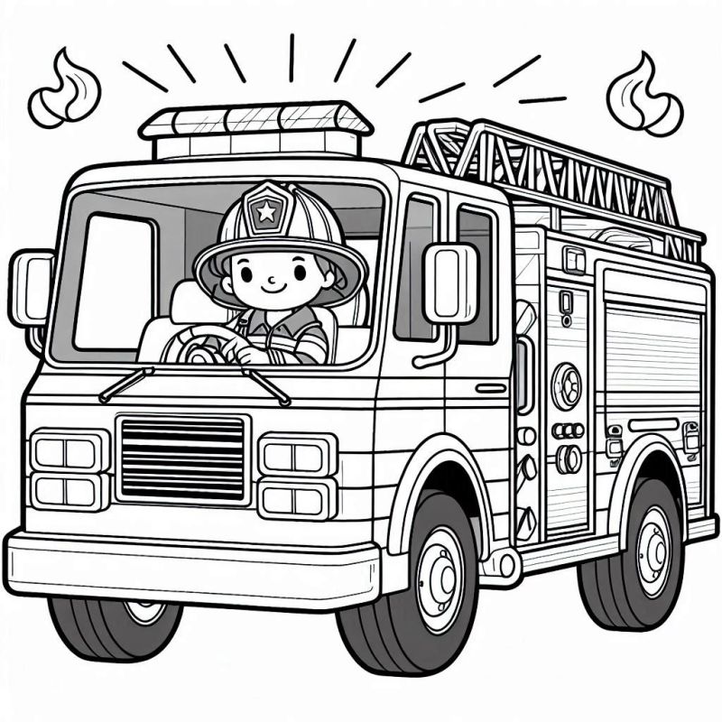 Desenho para colorir de um bombeiro dirigindo um caminhão de bombeiros