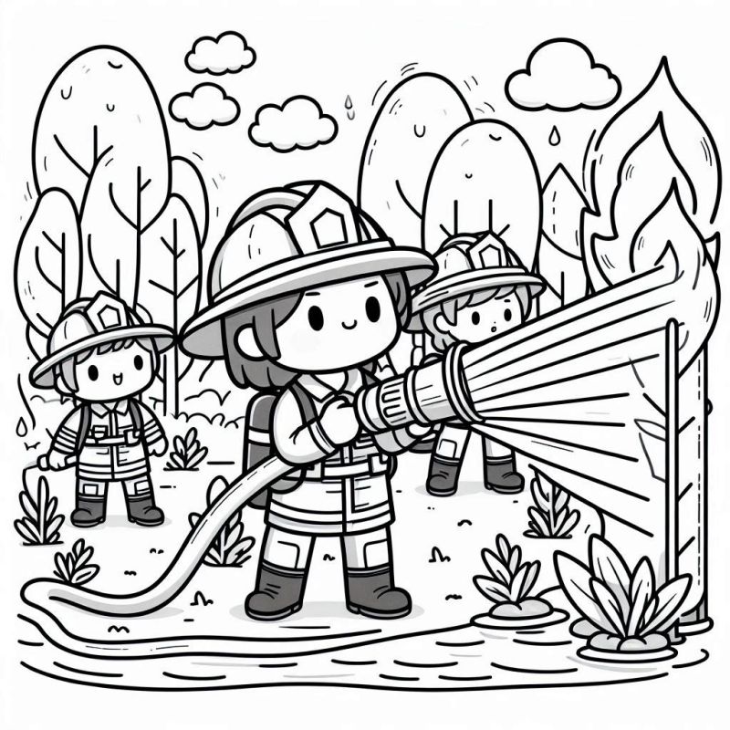 Desenho de Bombeiros na Floresta para Colorir