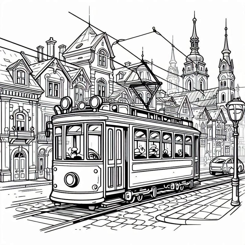 Desenho detalhado de bonde retro em cidade histórica para colorir