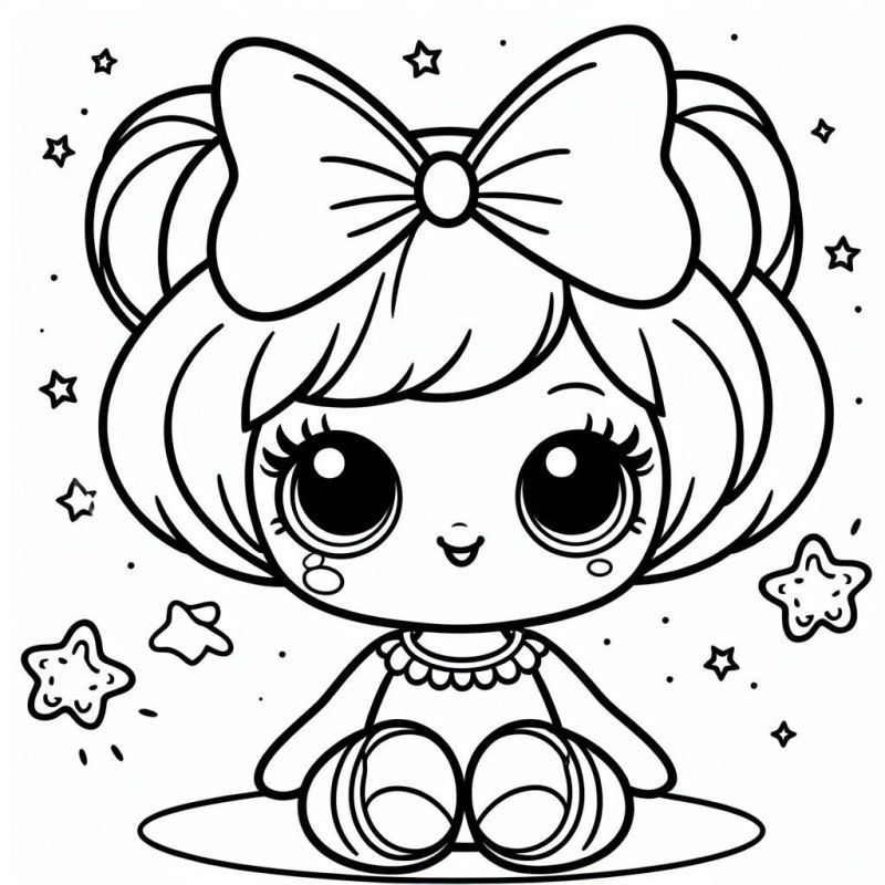 Desenho para colorir de uma boneca adorável com laço e estrelas