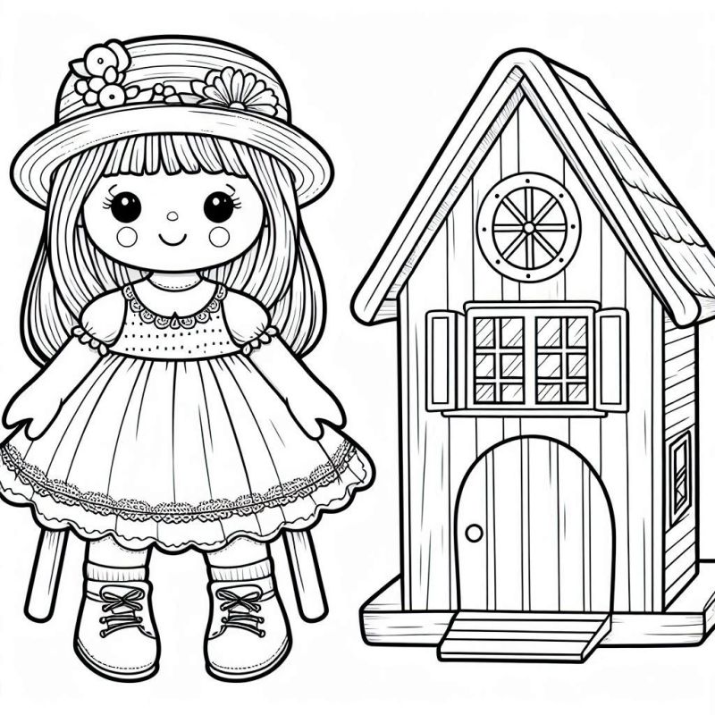 Desenho de Boneca e Casa de Brinquedo para Colorir