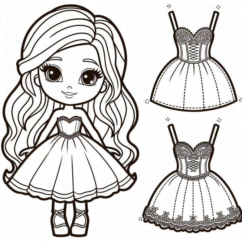 Desenho de boneca fofa com dois vestidos para colorir