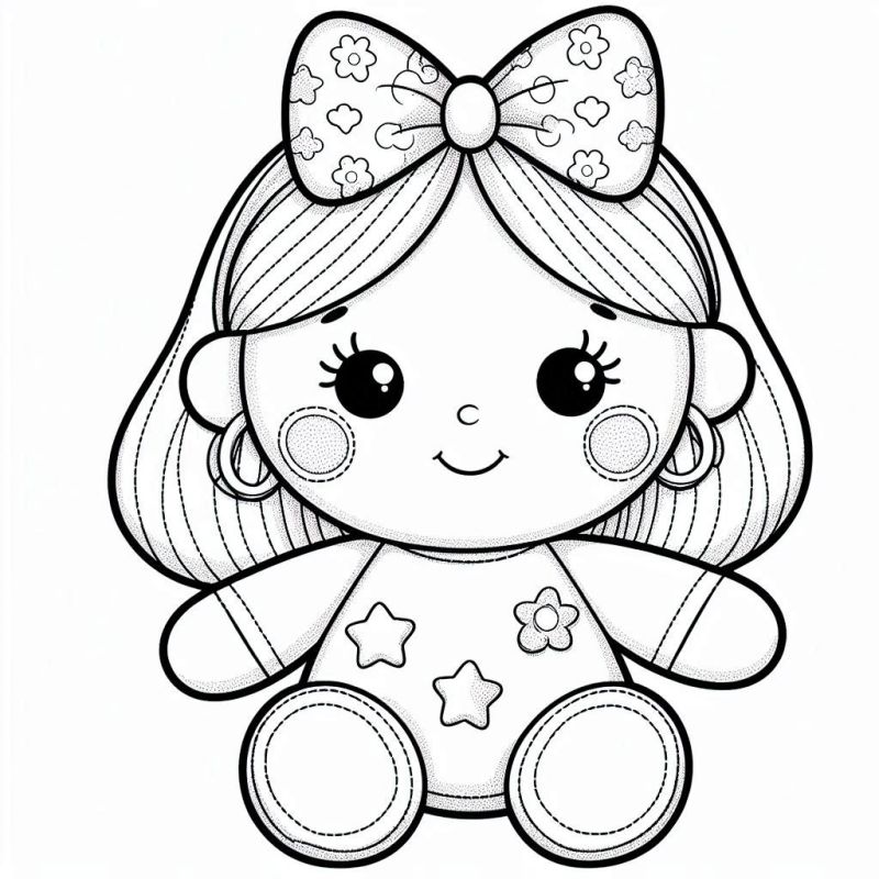 Desenho de boneca caricatural e fofa para colorir, com longos cabelos e vestido com detalhes de estrelas e flor.