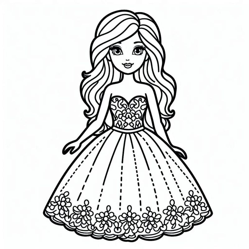 Desenho de uma boneca com vestido detalhado, ideal para colorir.