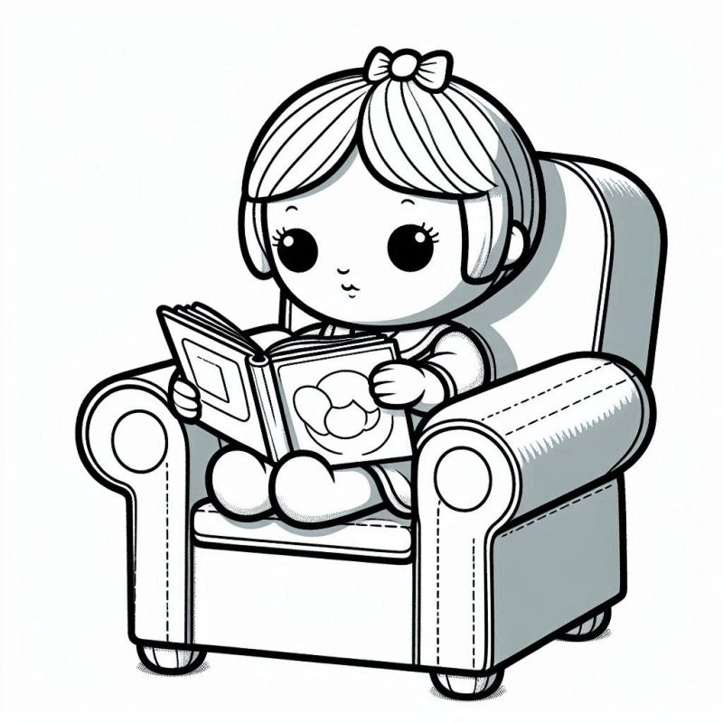 Boneca Fofa Lendo Livro na Poltrona para Colorir