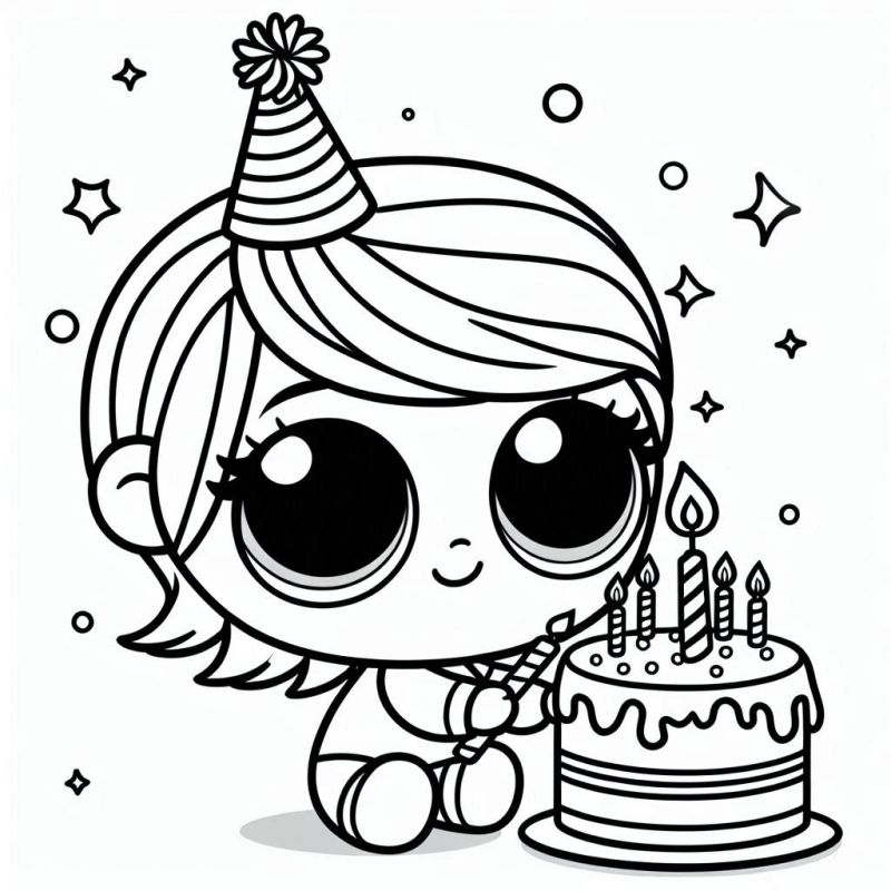 Desenho de boneca LOL Surprise com chapéu de festa e bolo de aniversário, pronto para colorir