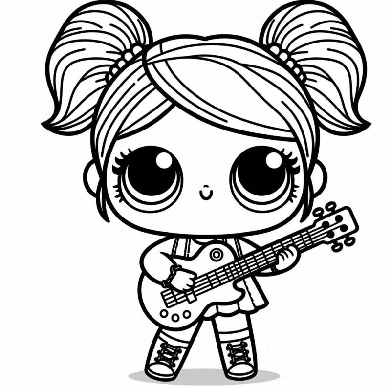 Desenho de boneca LOL com guitarra para colorir