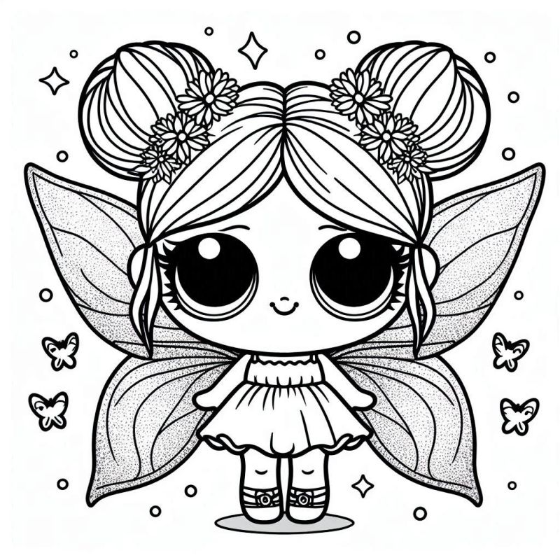 Desenho para colorir de uma boneca LOL estilo fada com flores no cabelo e asas de borboleta