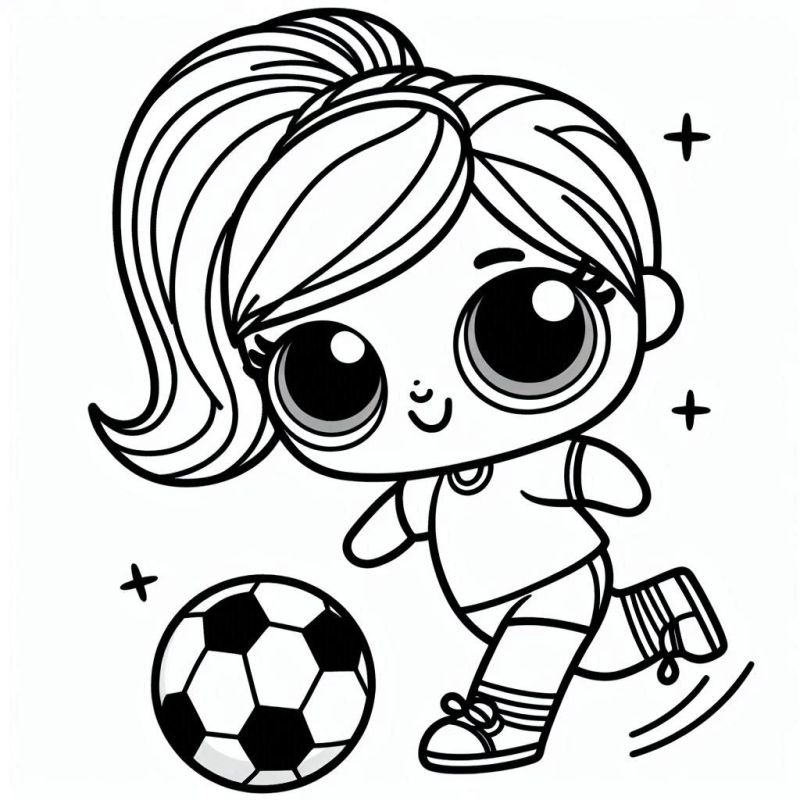 Desenho de boneca LOL chutando bola de futebol para colorir