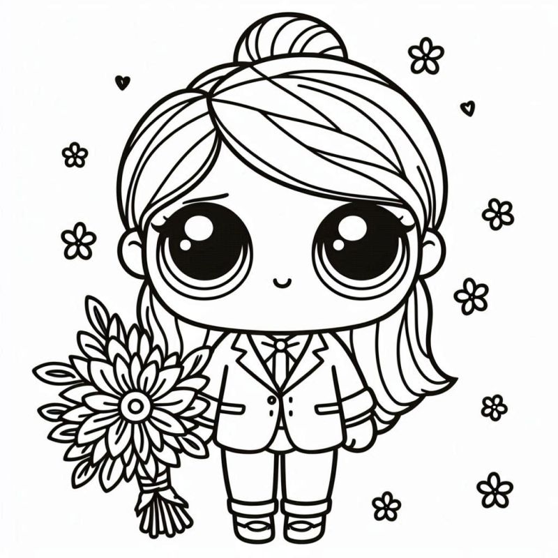 Desenho de boneca LOL com buquê de flores para colorir