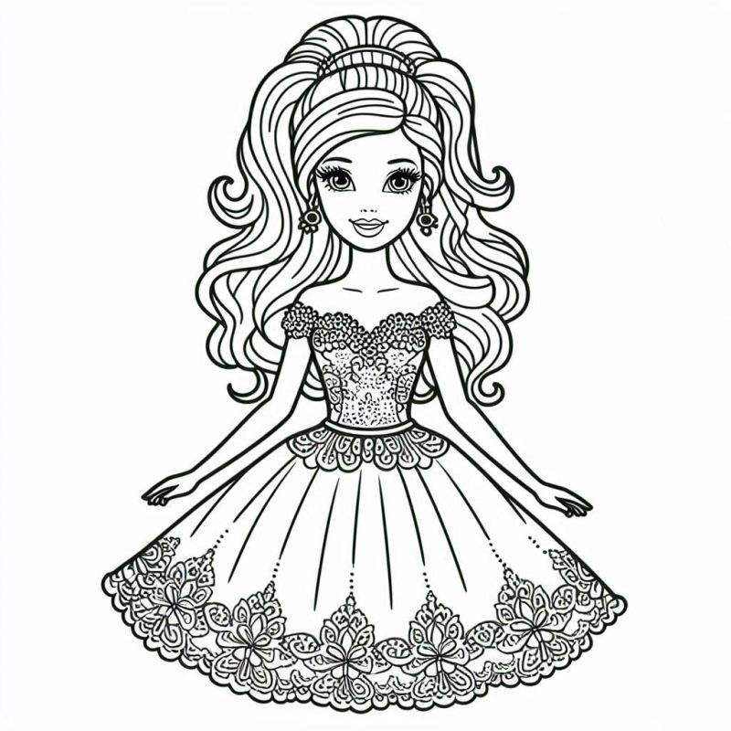 Desenho de uma boneca elegante com vestido para colorir