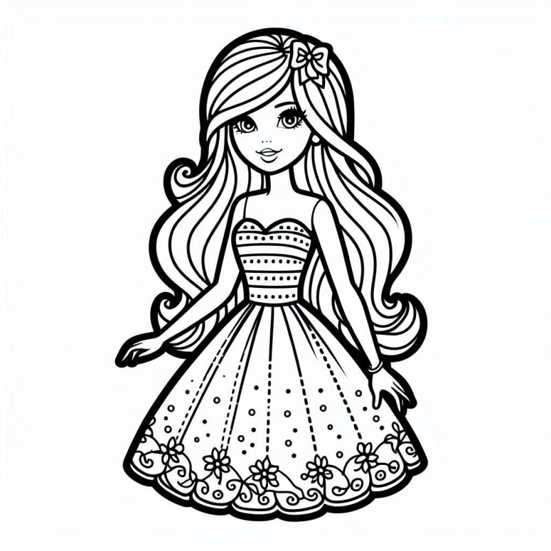 Desenho de boneca elegante para colorir com vestido de bolinhas.