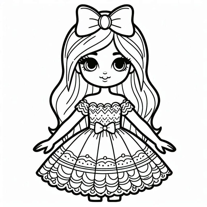 Desenho de boneca com vestido estilizado pronto para colorir