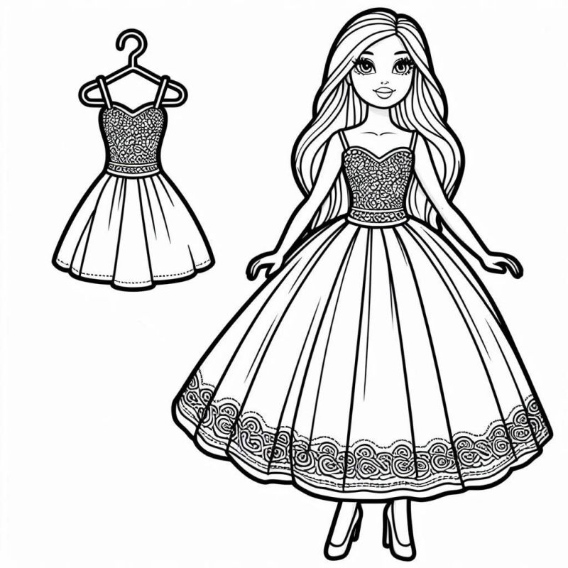 Desenho de Boneca com Vestido Elegante para Colorir