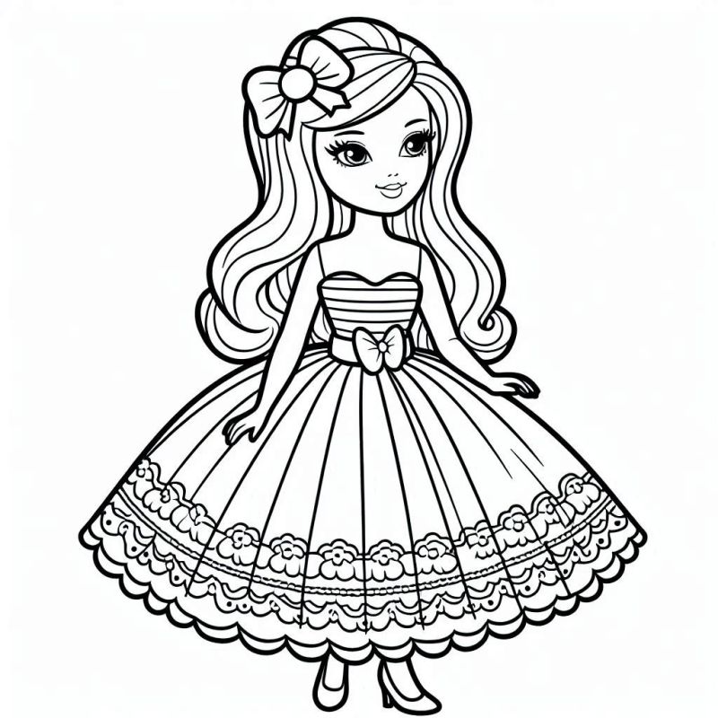 Desenho de Boneca com Vestido Longo para Colorir