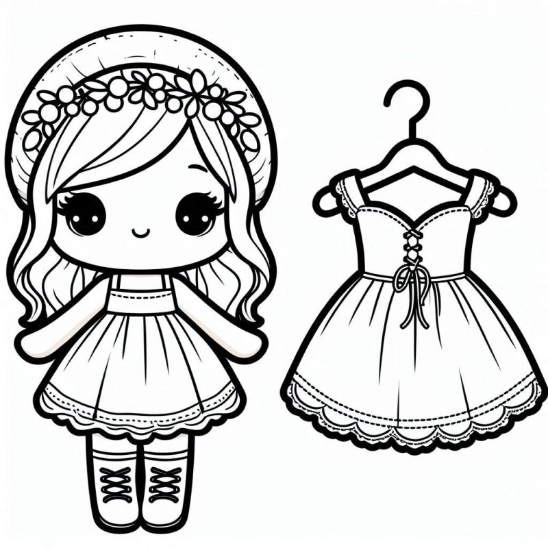 Desenho de boneca com vestido e coroa de flores para colorir