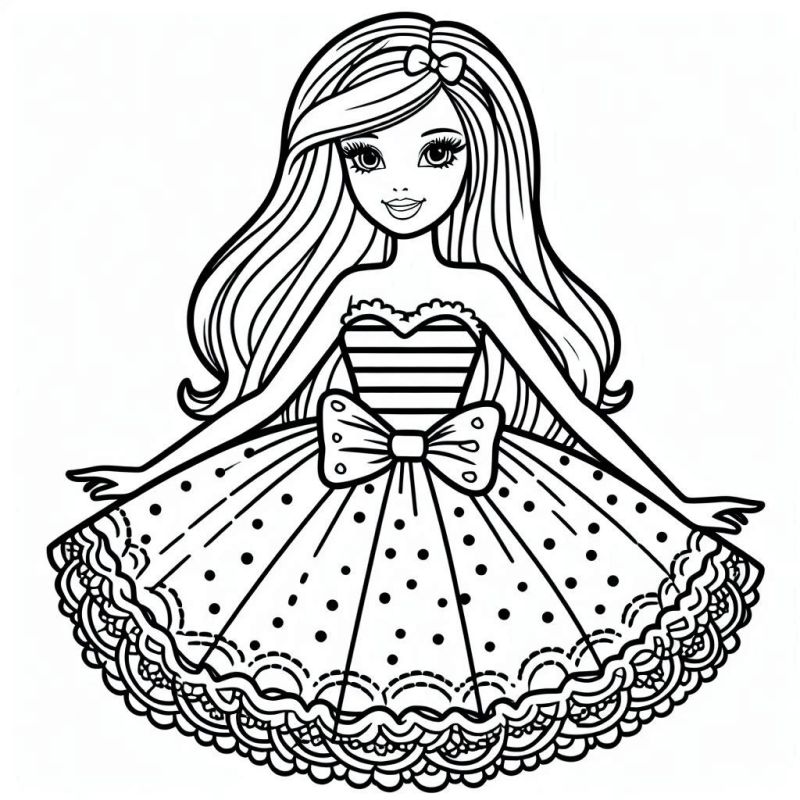 Desenho de uma boneca com vestido elegante para colorir