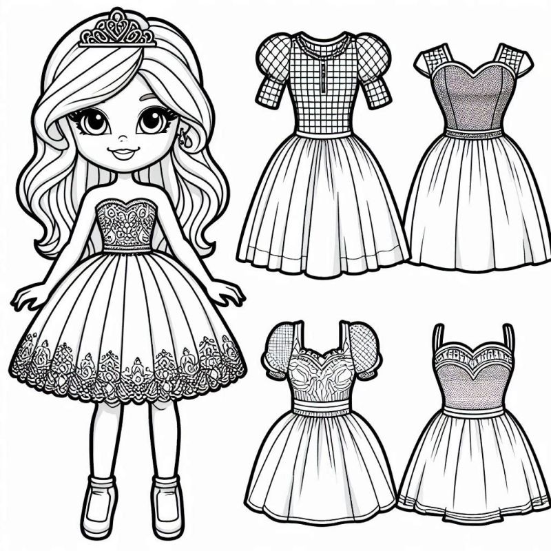 Desenho de boneca princesa estilizada com quatro vestidos para colorir