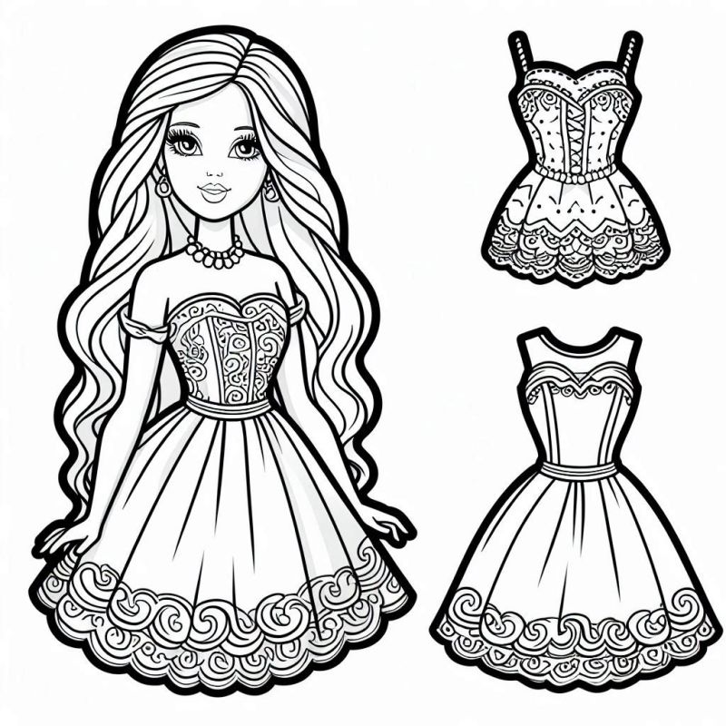 Boneca Estilizada: Desenho para Colorir com Vestidos Elegantes