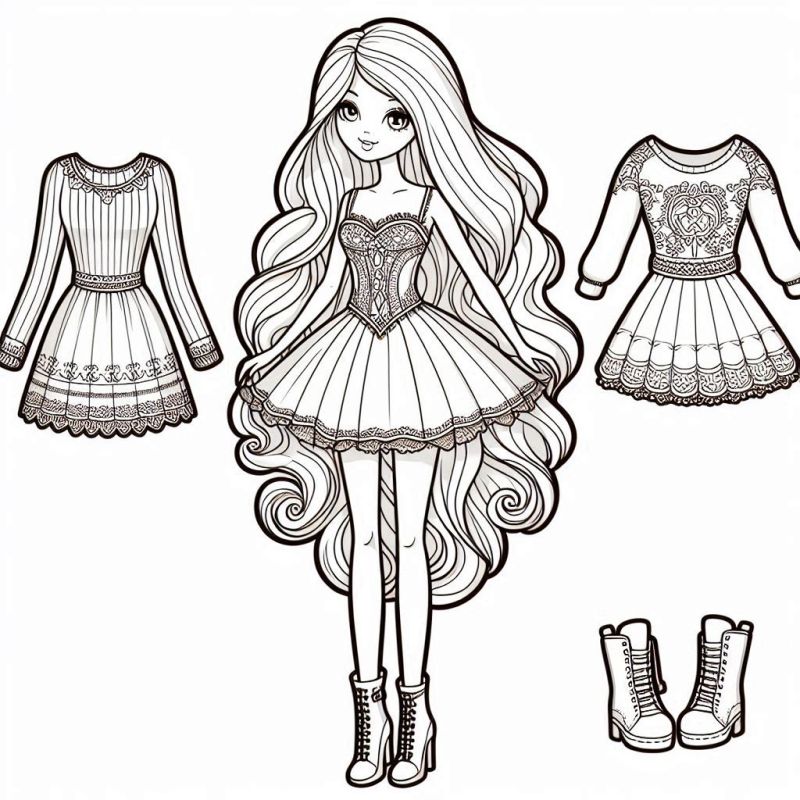 Desenho para Colorir: Boneca com Vestidos de Moda