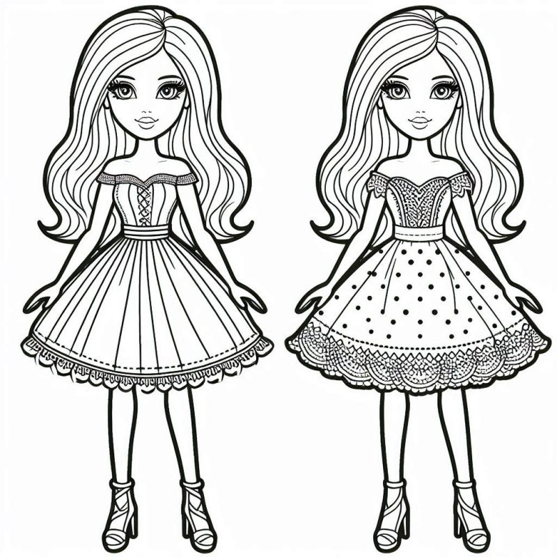 Desenho de Bonecas com Vestidos Elegantes para Colorir