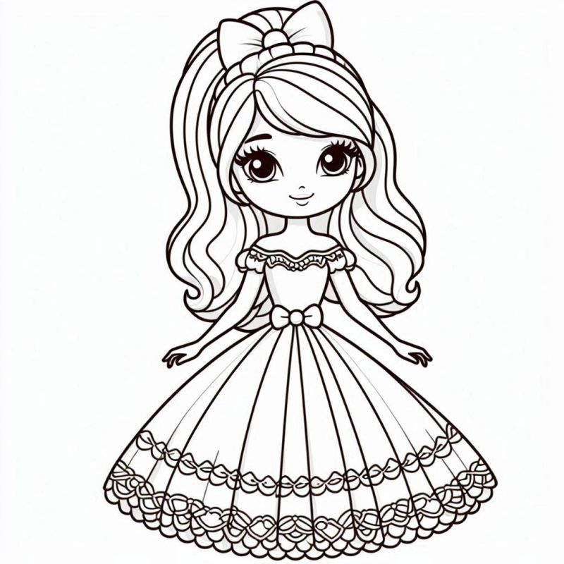 Desenho de boneca cartoon com vestido elegante para colorir