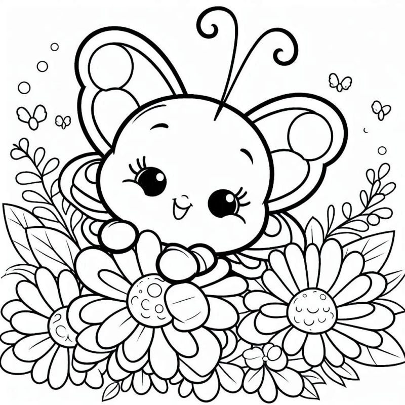 Desenho Adorável de Borboleta com Flores para Colorir