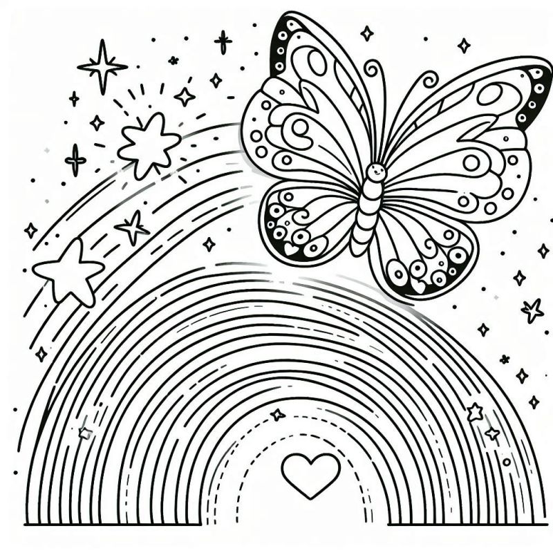 Desenho para Colorir: Borboleta com Arco-Íris e Estrelas