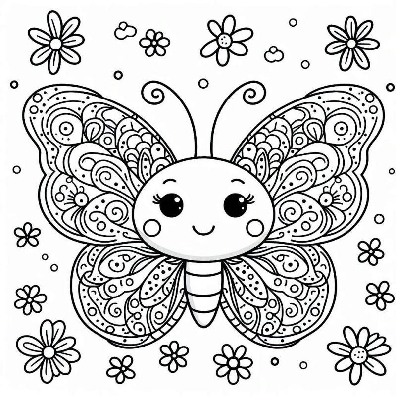 Desenho de borboleta sorridente para colorir, com flores ao redor