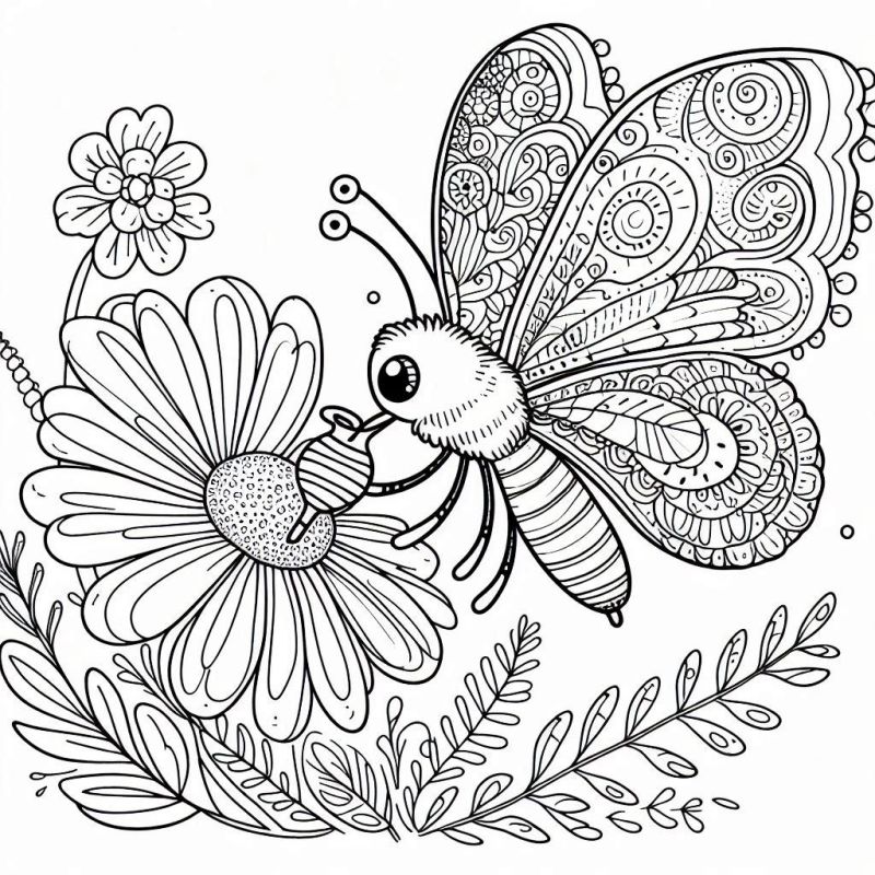 Desenho Detalhado de Borboleta com Flor para Colorir