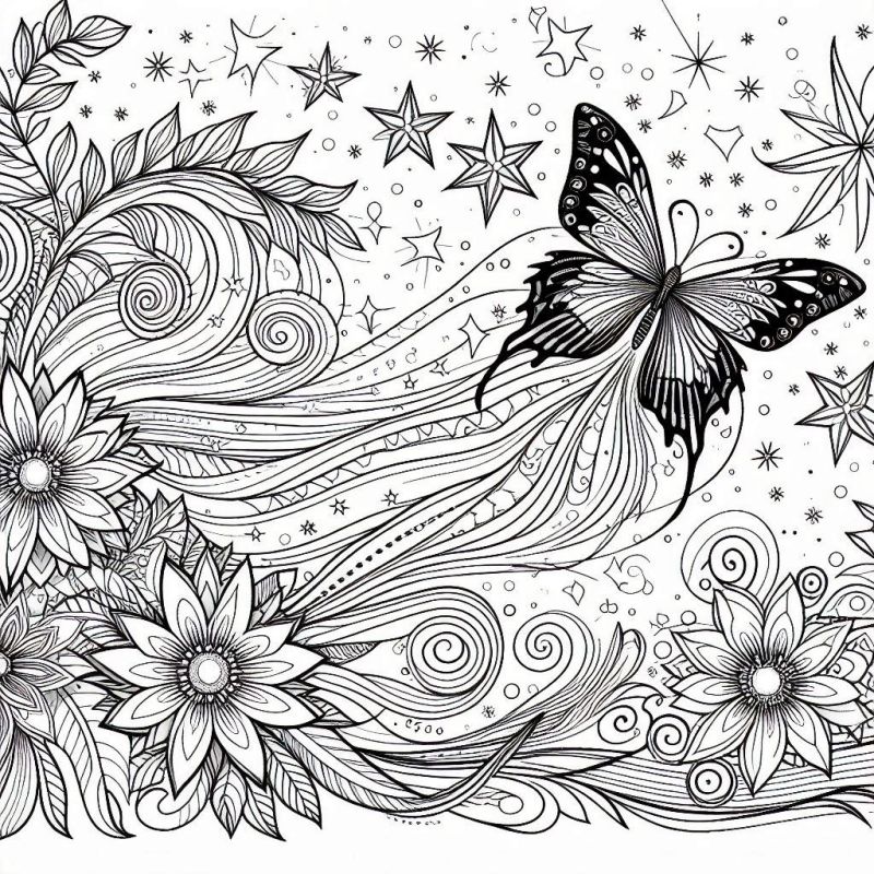 Desenho Detalhado de Borboleta com Flores e Folhagem para Colorir