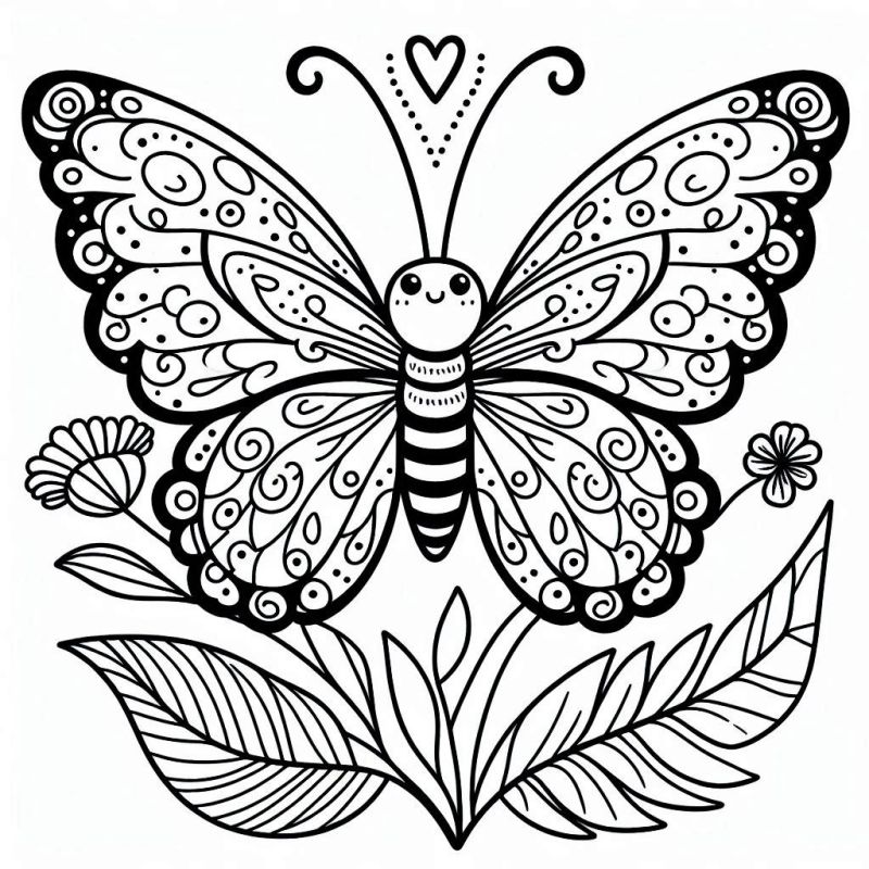 Desenho Detalhado de Borboleta com Corações e Flores para Colorir