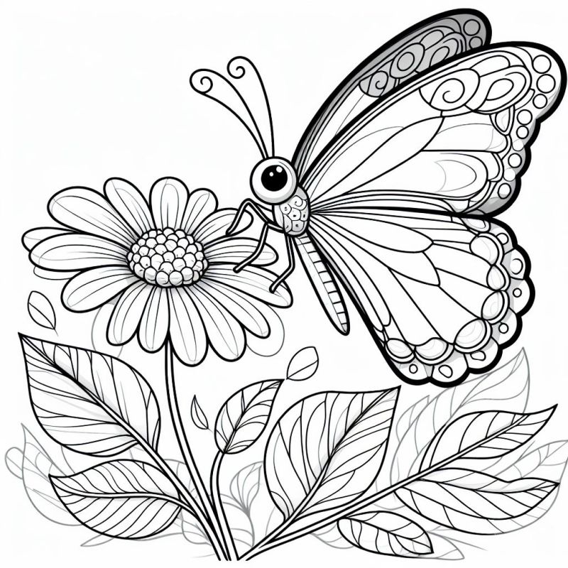 Desenho detalhado de borboleta na flor para colorir, destinado para meninas