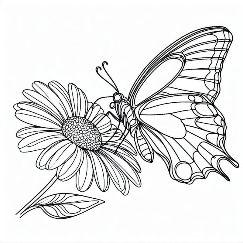 Desenho realista para colorir de uma borboleta pousada em uma flor