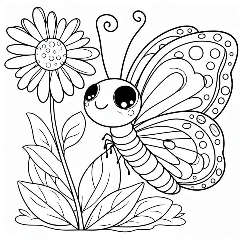 Desenho de Borboleta Cartunesca com Flor para Colorir