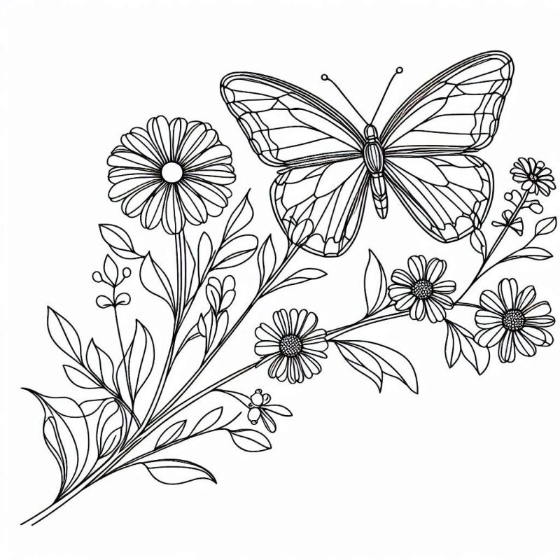 Desenho Realista de Borboleta com Flores para Colorir