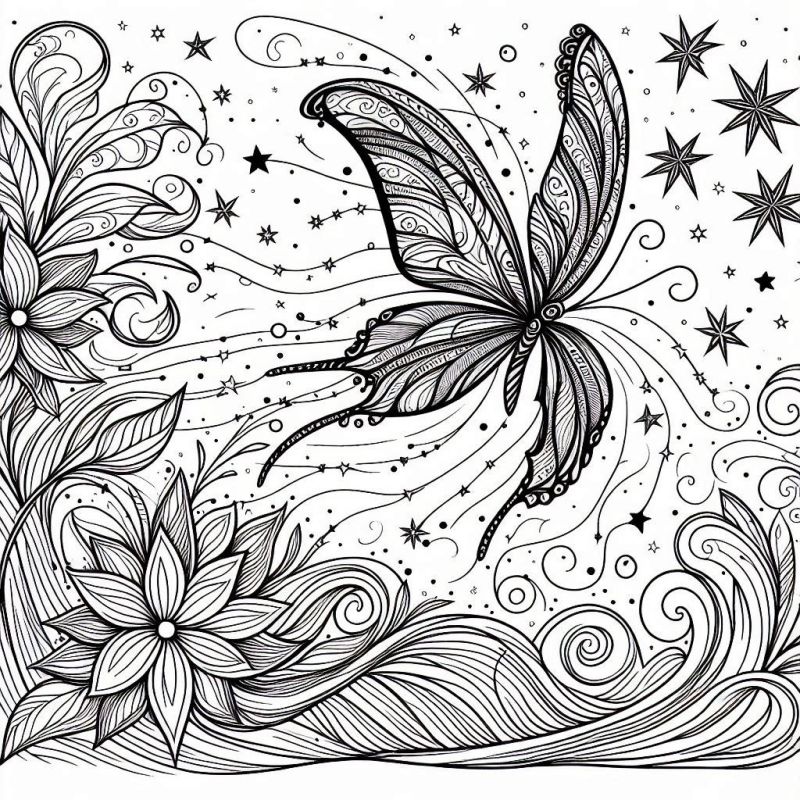 Desenho de Borboleta com Flores e Estrelas para Colorir