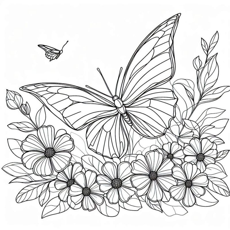 Desenho realista de borboleta pousada em flores detalhadas em preto e branco para colorir