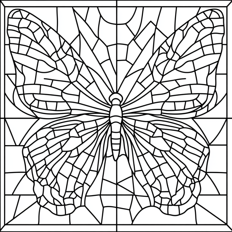 Desenho de borboleta em mosaico estilo vitrais para colorir