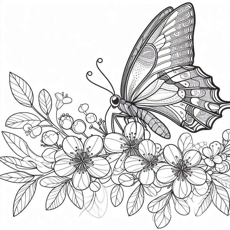 Desenho realista de uma borboleta pousada sobre flores e folhas